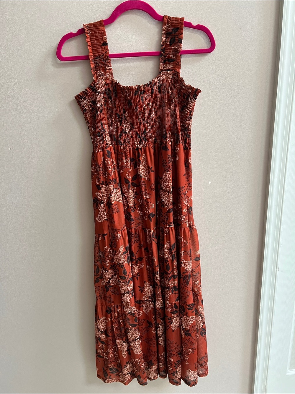 Skye's the Limit Rust Floral Smocked Lined Midi Dress